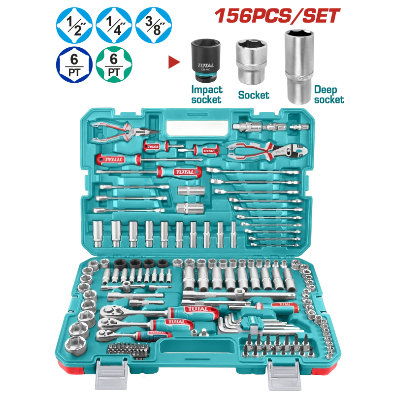 TOTAL 156 Pcs Combination Tools Set Ratchets, Sockets, Bits & Wrenches with Carrying Case (THKTHP21566) - Total