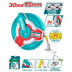 TOTAL 30m Fiberglass Measuring Tape - Dual Scale, Fast Rewind, Rubber Grip