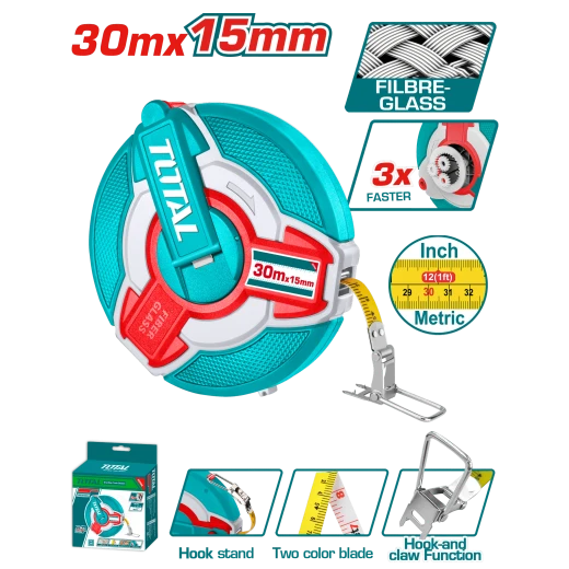 TOTAL 30m Fiberglass Measuring Tape - Dual Scale, Fast Rewind, Rubber Grip TOTAL 30m Fiberglass Measuring Tape - Dual Scale, Fast Rewind, Rubber Grip