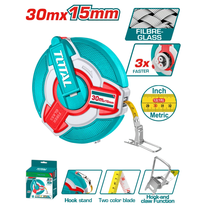 TOTAL 30m Fiberglass Measuring Tape - Dual Scale, Fast Rewind, Rubber Grip - Total