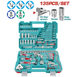 TOTAL 135 Pcs Combination Tool Set With Sockets, Wrenches, Pliers & Carry Case (THKTHP21356)
