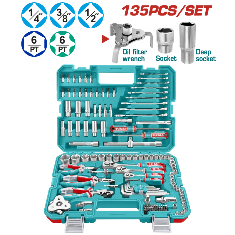 TOTAL 135 Pcs Combination Tool Set With Sockets, Wrenches, Pliers & Carry Case (THKTHP21356) - Total