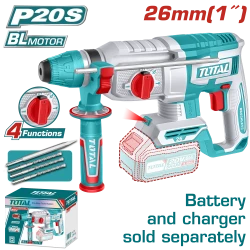 TOTAL Cordless Rotary Hammer 20V, SDS Plus, Brushless Motor, 2.5J Impact, Battery & Charger Sold Separately (TRHLI20268)