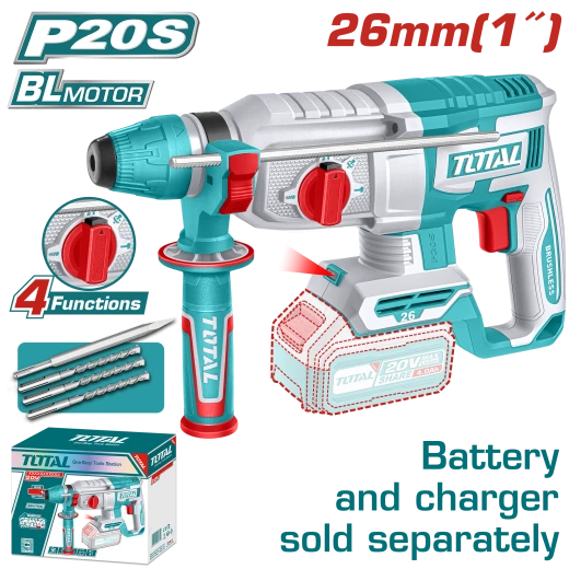 TOTAL Cordless Rotary Hammer 20V, SDS Plus, Brushless Motor, 2.5J Impact, Battery & Charger Sold Separately (TRHLI20268) TOTAL Cordless Rotary Hammer 20V, SDS Plus, Brushless Motor, 2.5J Impact, Battery & Charger Sold Separately (TRHLI20268)
