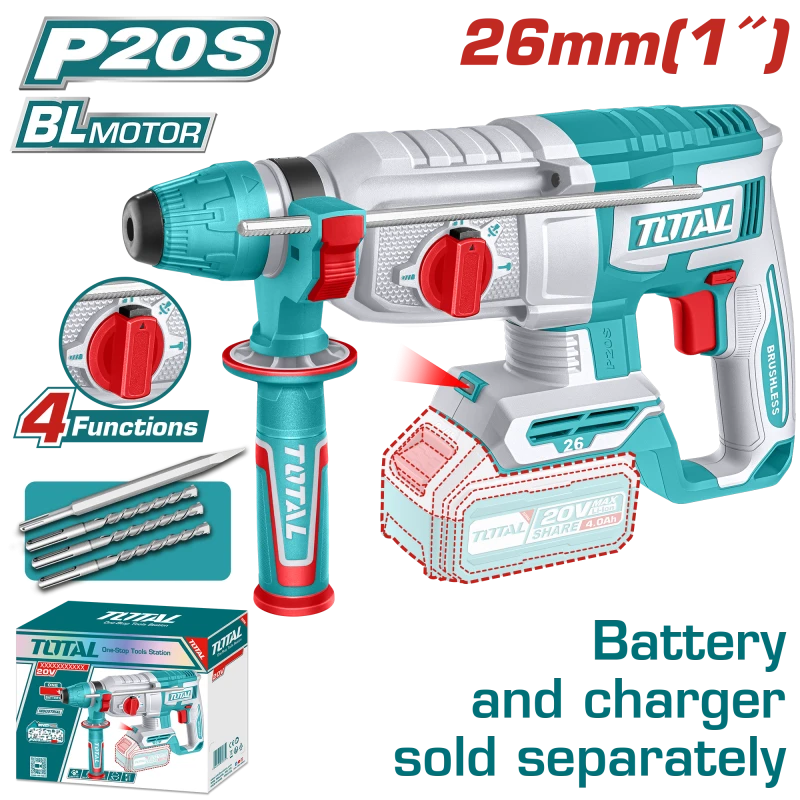TOTAL Cordless Rotary Hammer 20V, SDS Plus, Brushless Motor, 2.5J Impact, Battery & Charger Sold Separately (TRHLI20268) - Total