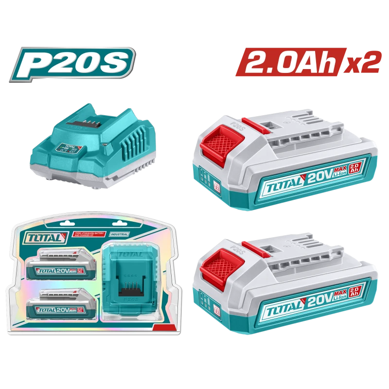 طقم شاحن وبطارية ليثيوم أيون 20 فولت من توتال P20S - بطاريتان 2.0 أمبير في الساعة - توتال