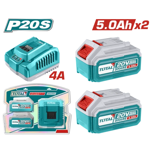 TOTAL P20S 20V Lithium Ion Battery and Fast Charger Kit 2 x 5.0Ah Batteries TOTAL P20S 20V Lithium Ion Battery and Fast Charger Kit 2 x 5.0Ah Batteries