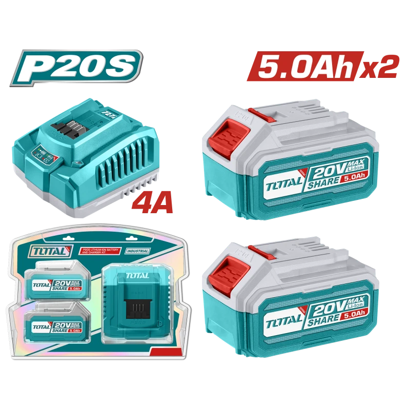TOTAL P20S 20V Lithium Ion Battery and Fast Charger Kit 2 x 5.0Ah Batteries - Total