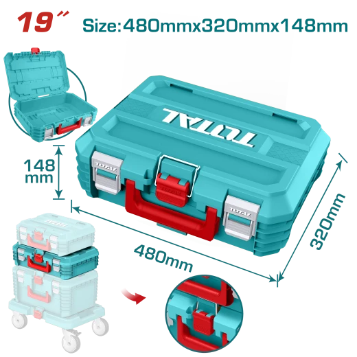 Total 19-inch Stackable Tool Box - Heavy-Duty PP Plastic with 15kg Load Capacity