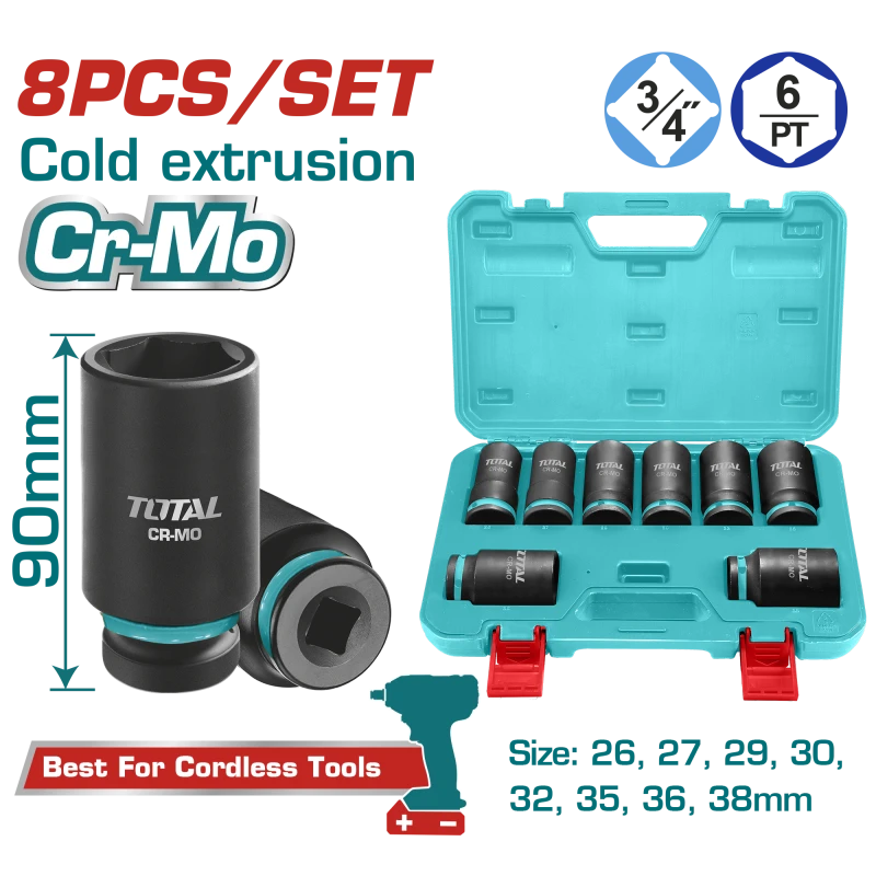 TOTAL 8 Pcs 3/4" Deep Impact Socket Set – Cr-Mo, 90mm Length (THKISD34082L) - Total