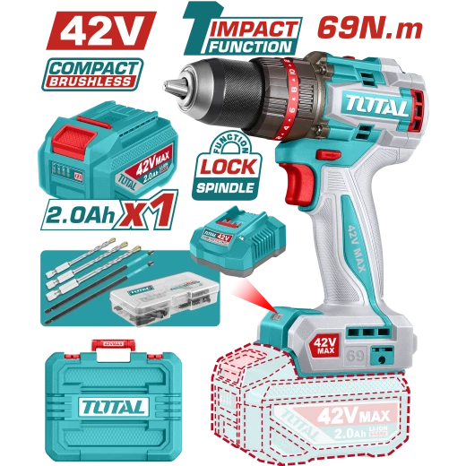 TOTAL 42V Compact Brushless Cordless Impact Drill 69Nm Torque 2 Speed Kit TOTAL 42V Compact Brushless Cordless Impact Drill 69Nm Torque 2 Speed Kit