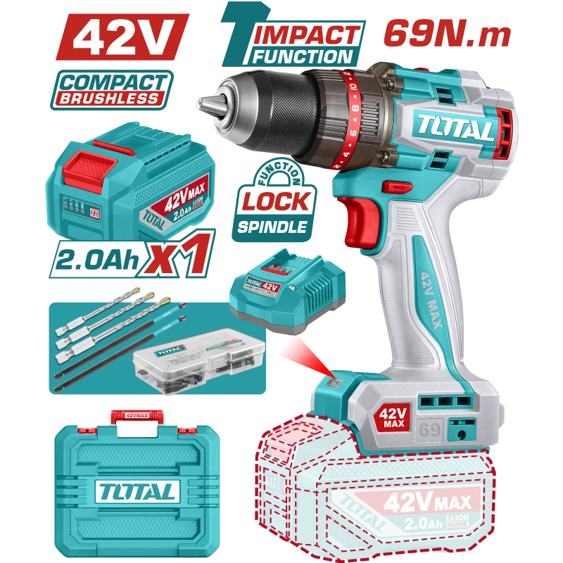 TOTAL 42V Compact Brushless Cordless Impact Drill 69Nm Torque 2 Speed Kit - Total