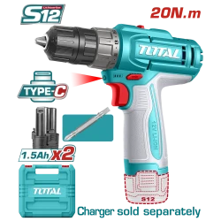 TOTAL 12V Cordless Drill 20Nm Torque 2 Speed Gear USB C Charging Kit