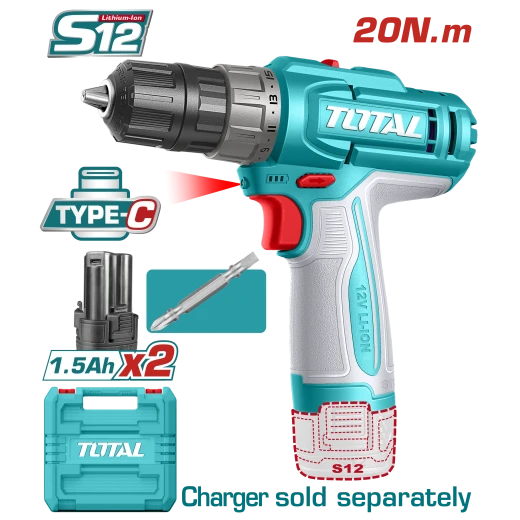 TOTAL 12V Cordless Drill 20Nm Torque 2 Speed Gear USB C Charging Kit TOTAL 12V Cordless Drill 20Nm Torque 2 Speed Gear USB C Charging Kit