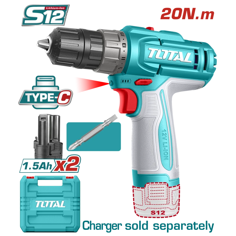 TOTAL 12V Cordless Drill 20Nm Torque 2 Speed Gear USB C Charging Kit - Total
