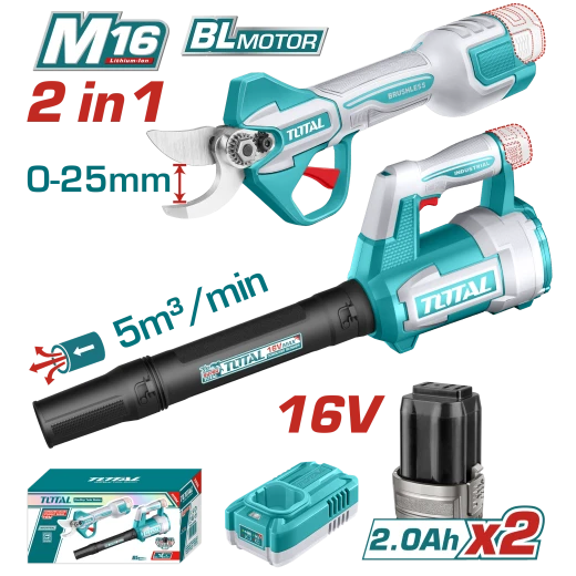 طقم كومبو TOTAL 16V اللاسلكي لقص وتقليم الأشجار والمنفاخ - للعناية بالحدائق والتنظيف طقم كومبو TOTAL 16V اللاسلكي لقص وتقليم الأشجار والمنفاخ - للعناية بالحدائق والتنظيف