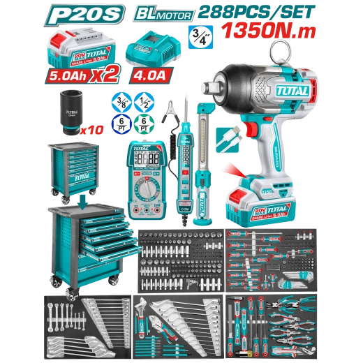 TOTAL 288 Piece Tool Chest Set with 20V Cordless Impact Wrench, Professional Grade