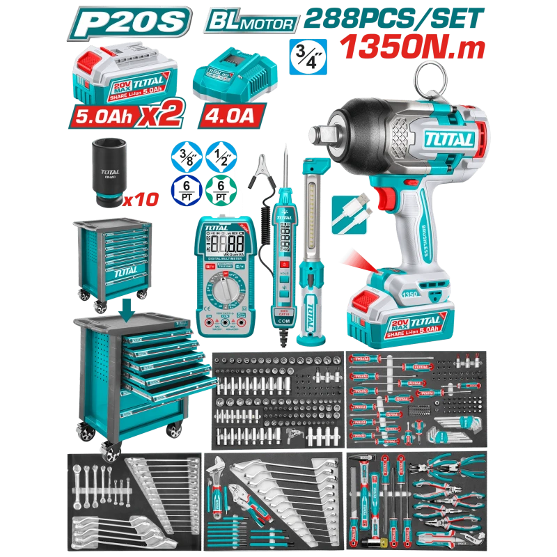 TOTAL 288 Piece Tool Chest Set with 20V Cordless Impact Wrench, Professional Grade - Total