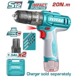 TOTAL 12V Cordless Impact Drill Kit, 20Nm Torque, LED Light, 2 Batteries