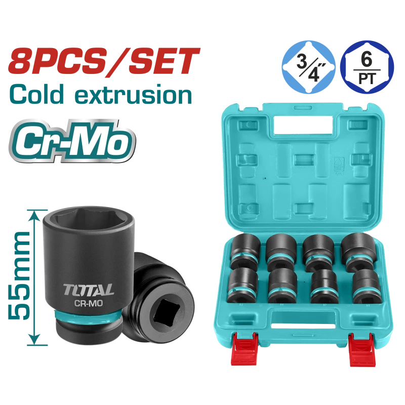 TOTAL 8 Pcs 3/4" Impact Socket Set Cr-Mo, 55mm Length (THKISD34081) - Total