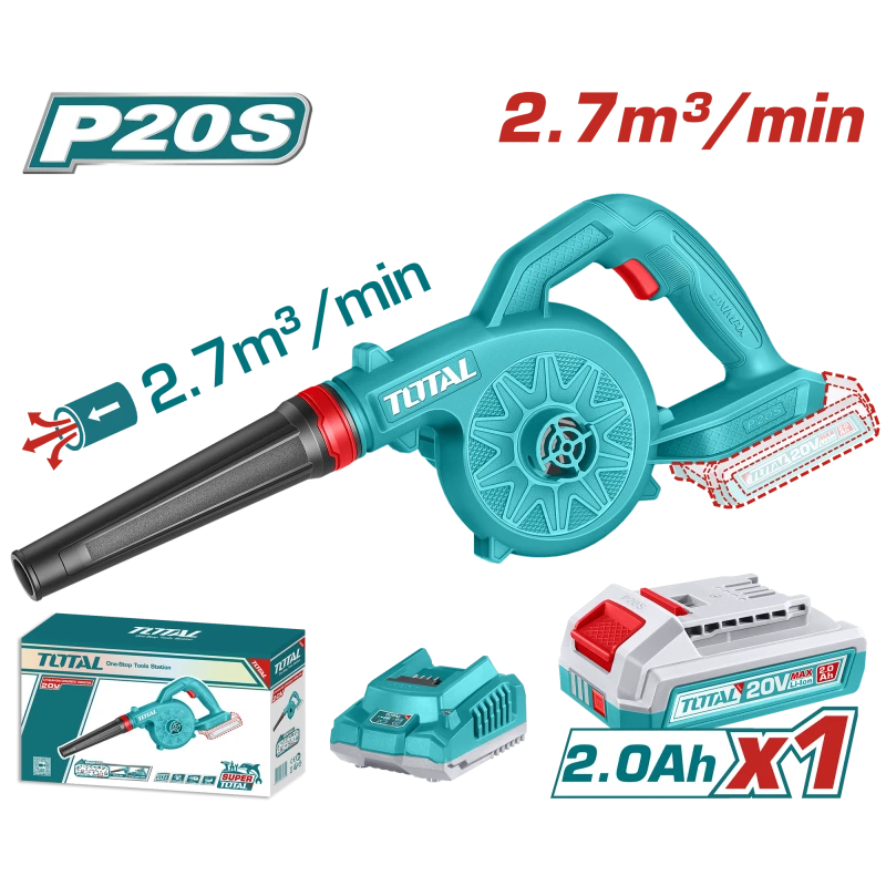 TOTAL 20V Cordless Blower with 2.0Ah Battery & Charger - 18000rpm, 2.7 m³/min Air Volume - Total