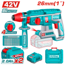 TOTAL Cordless Rotary Hammer 42V Brushless 2.5J SDS Plus System Kit with 6 Drills, 2 Chisels, 2 Batteries, Charger & Carrying Case
