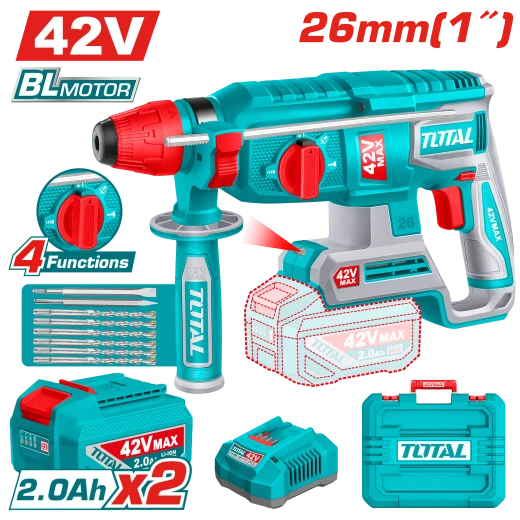 TOTAL Cordless Rotary Hammer 42V Brushless 2.5J SDS Plus System Kit with 6 Drills, 2 Chisels, 2 Batteries, Charger & Carrying Case TOTAL Cordless Rotary Hammer 42V Brushless 2.5J SDS Plus System Kit with 6 Drills, 2 Chisels, 2 Batteries, Charger & Carrying Case