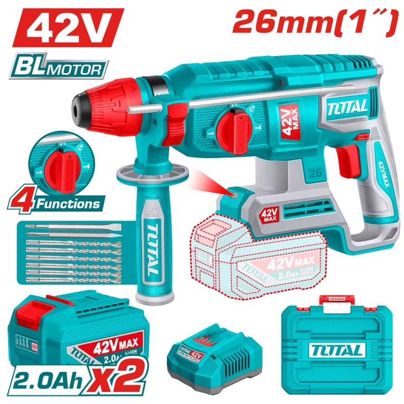 TOTAL Cordless Rotary Hammer 42V Brushless 2.5J SDS Plus System Kit with 6 Drills, 2 Chisels, 2 Batteries, Charger & Carrying Case - Total