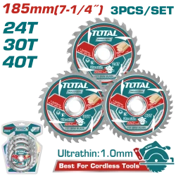 TOTAL 3 Pcs Ultra-Thin TCT Saw Blade Set,185mm for Wood Cutting (TAC236185)