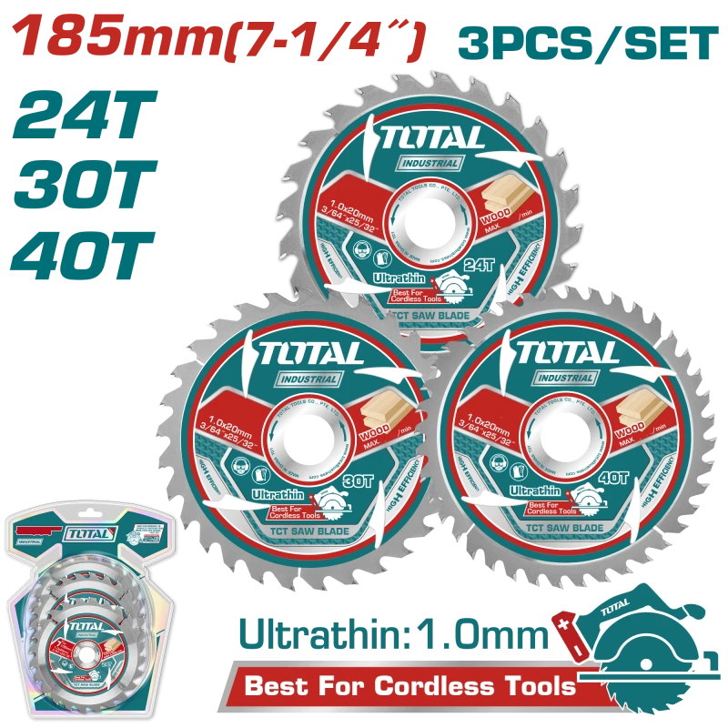 TOTAL 3 Pcs Ultra-Thin TCT Saw Blade Set,185mm for Wood Cutting (TAC236185) - Total