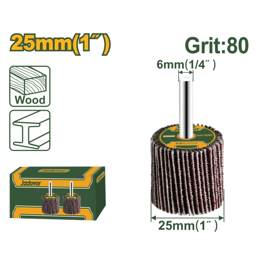 Jadever Flap Wheel with Shaft 25mm x 25mm x 6mm - Grit 80# for Metal and Wood Finishing Jadever Flap Wheel with Shaft 25mm x 25mm x 6mm - Grit 80# for Metal and Wood Finishing