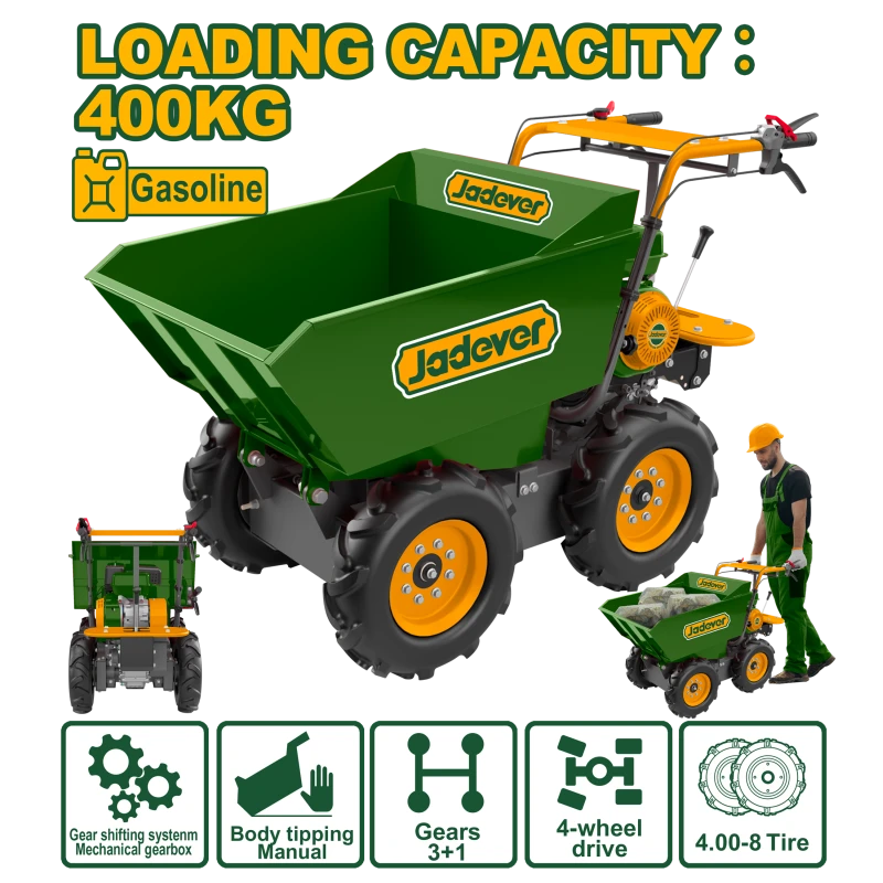 Jadever Gasoline Mini Wheelbarrow 6.5HP 400kg Capacity Manual Dump Heavy Duty - Jadever