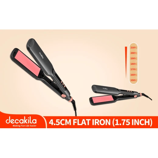 مكواة فرد الشعر موديل KEHS035B – 61 واط، ألواح سيراميكية عريضة 106×45 مم، 7 إعدادات حرارة، حتى 210℃، شاشة LED، عنصر تسخين PTC، سلك دوار 360° بطول 1.7 متر من ديكاكيلا - ديكاكيلا - Image 2