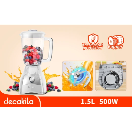 خلاط كهربائي ثابت KEJB043W ,سعة 1.5 لتر، محرك نحاسي 500 واط، 4 شفرات من الستانلس ستيل، سرعتان مع خاصية النبض، قاعدة مانعة للانزلاق من ديكاكيلا - ديكاكيلا - Image 2