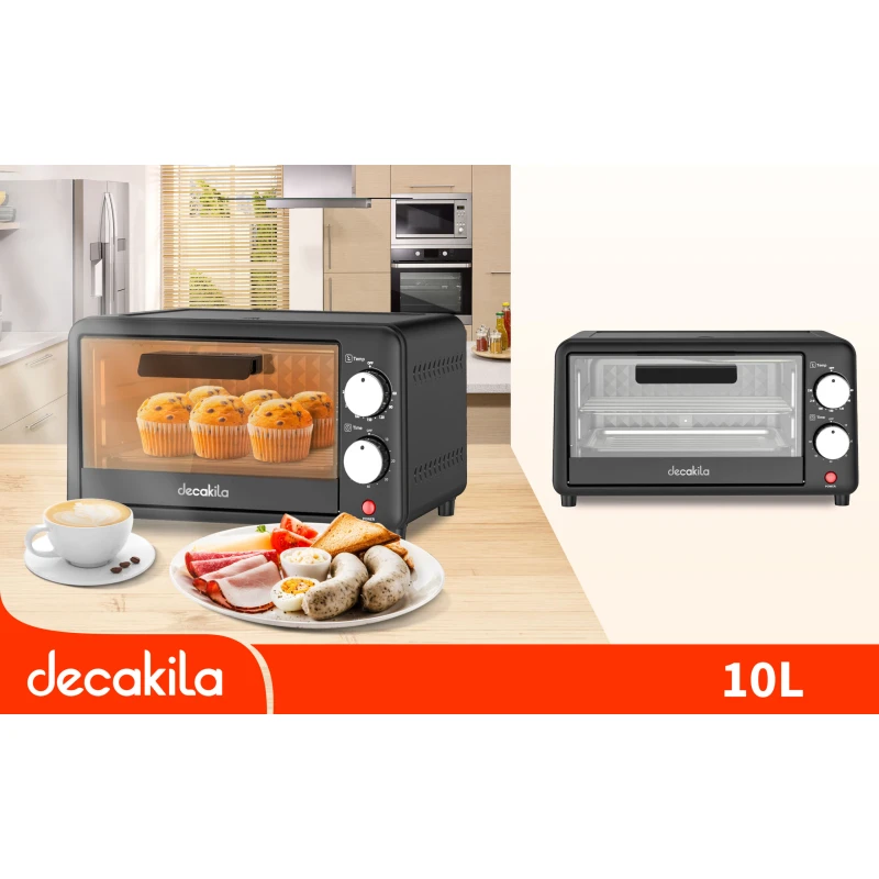 Decakila 10L Toaster Oven, 60-Min Timer, Adjustable Temperature up to 230°C, Compact Countertop Oven with Baking Rack & Pan, Stainless Steel Heating Elements 650W - Decakila