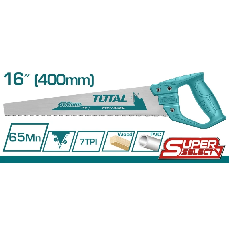 TOTAL Hand Saw 400mm (16 Inch), Durable Steel Blade with Precision Teeth and Ergonomic Handle for Efficient Wood & Plastic Cutting - Total