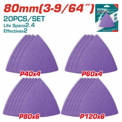 مجموعة 20 ورقة صنفرة بنفسجية, مقاس 80مم، بدرجات خشونة متنوعة (P40 / P60 / P80 / P120) ,للتخشين والتنعيم على الخشب والمعدن والأسطح المطلية من توتال