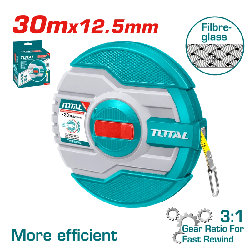 شريط قياس فيبر جلاس بطول 30 متر × 13 ملم (TMTF13306) – مقياس مزدوج متري وإمبريالي، تصميم متين وخفيف، مناسب للأعمال الاحترافية من توتال - توتال