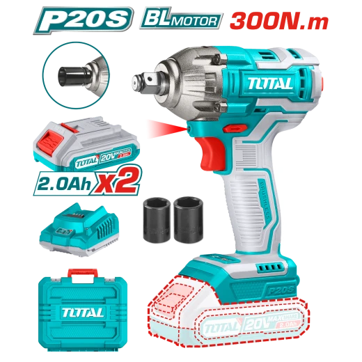 Total 20V Brushless Lithium-Ion Impact Wrench TIWLI2038, 300Nm Torque, Variable Speed, LED Work Light, Includes 2 Batteries & Charger Total 20V Brushless Lithium-Ion Impact Wrench TIWLI2038, 300Nm Torque, Variable Speed, LED Work Light, Includes 2 Batteries & Charger