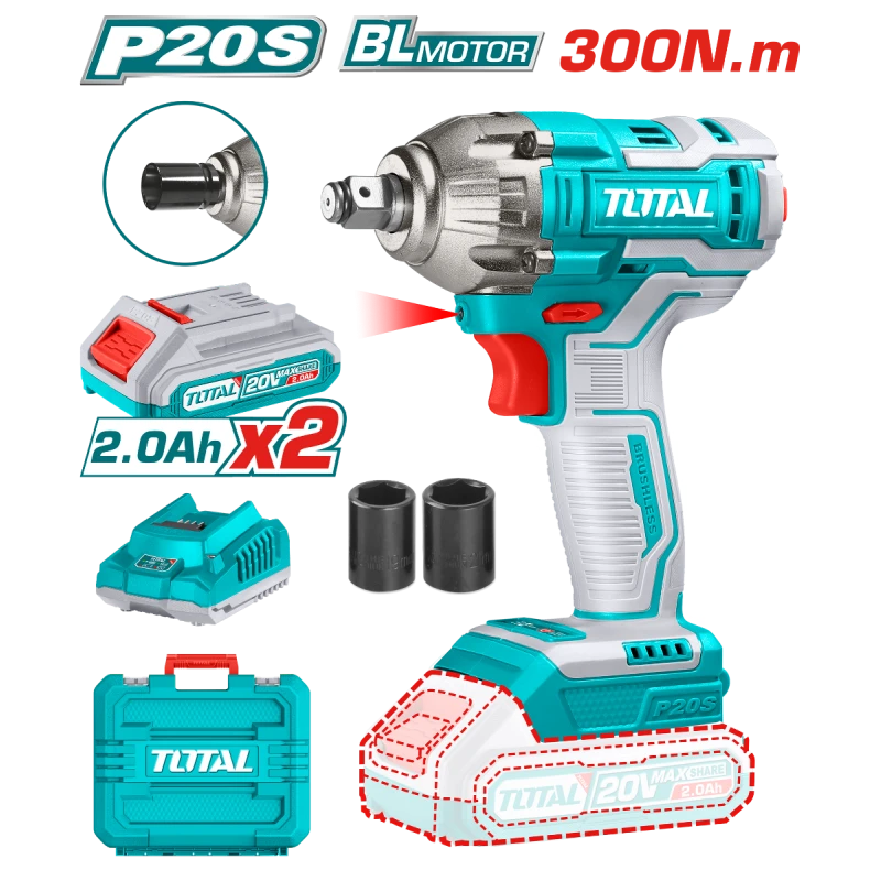 Total 20V Brushless Lithium-Ion Impact Wrench TIWLI2038, 300Nm Torque, Variable Speed, LED Work Light, Includes 2 Batteries & Charger - Total