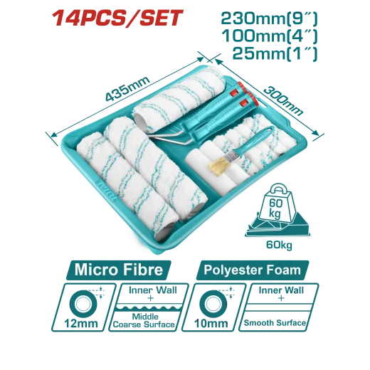 TOTAL 14-in-1 Cylinder Paint Roller Set for inner walls complete kit durable and easy to use for smooth finish TOTAL 14-in-1 Cylinder Paint Roller Set for inner walls complete kit durable and easy to use for smooth finish
