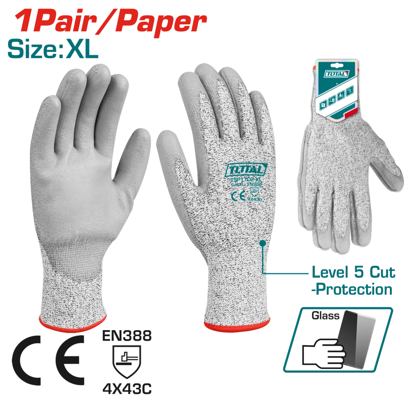 كفوف مقاومة للقطع حماية مستوى 5، كف PU من توتال (TSP1702-XL) - توتال