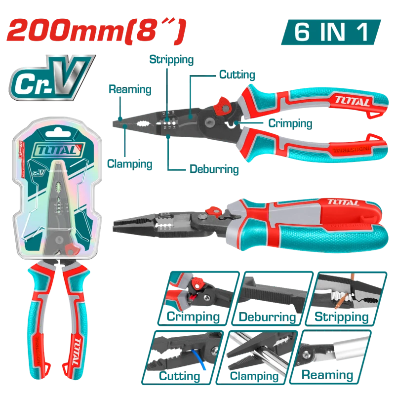 TOTAL 6-in-1 Multi-function Long Nose Pliers, Versatile Electrical & Mechanical Tool (Model THTMF286) - Total