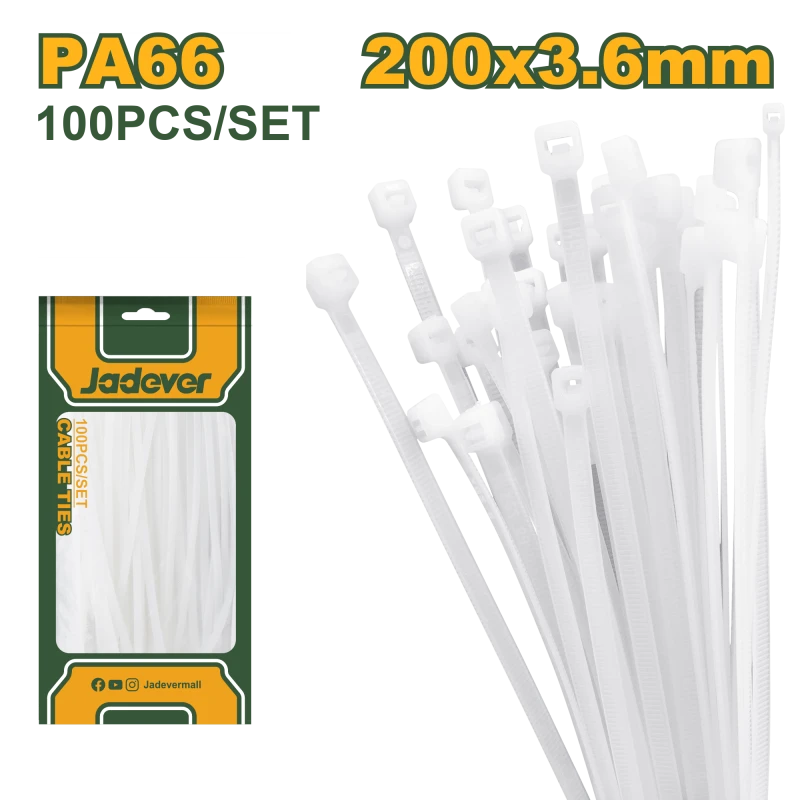 JADEVER Cable Ties – 200×3.6mm, White, Nylon 66, 100 Pcs Set (JDTE320036) - Jadever