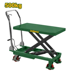 JADEVER Manual Scissor Lift Table 500Kg, Heavy-Duty Hydraulic Trolley with 850×500mm Platform, Height Adjustable 285–880mm, Foot Pedal Operation, PU Wheels, for Warehouse & Workshop Use