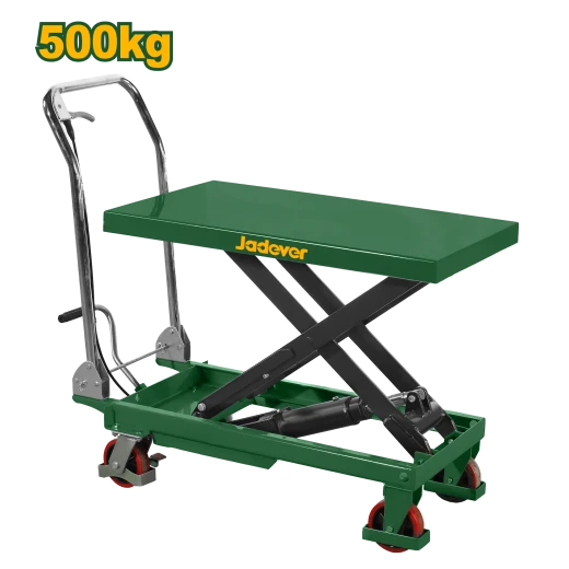 طاولة رفع يدوية تتحمل حتى 500 كجم، سطح 850×500 مم، ارتفاع قابل للتعديل من 285 إلى 880 مم، مزودة بعجلات PU ودواسة قدم، مثالية للمستودعات وورش العمل من جادفر
