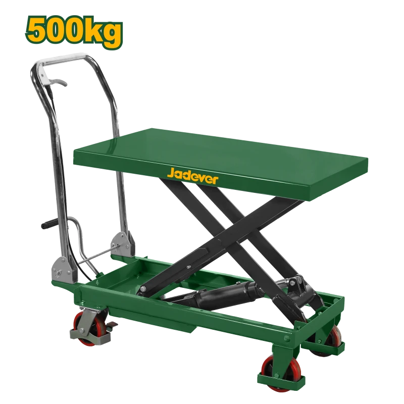 طاولة رفع يدوية تتحمل حتى 500 كجم، سطح 850×500 مم، ارتفاع قابل للتعديل من 285 إلى 880 مم، مزودة بعجلات PU ودواسة قدم، مثالية للمستودعات وورش العمل من جادفر - جادفر