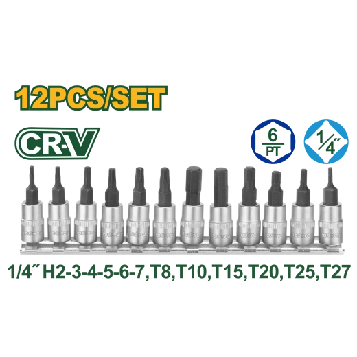 JADEVER 12-Piece 1/4" Bit Socket Set JDST2414, Hex & Torx Bits | Cr-V & 50BV30 Steel, Heat Treated with Chrome Finish JADEVER 12-Piece 1/4" Bit Socket Set JDST2414, Hex & Torx Bits | Cr-V & 50BV30 Steel, Heat Treated with Chrome Finish
