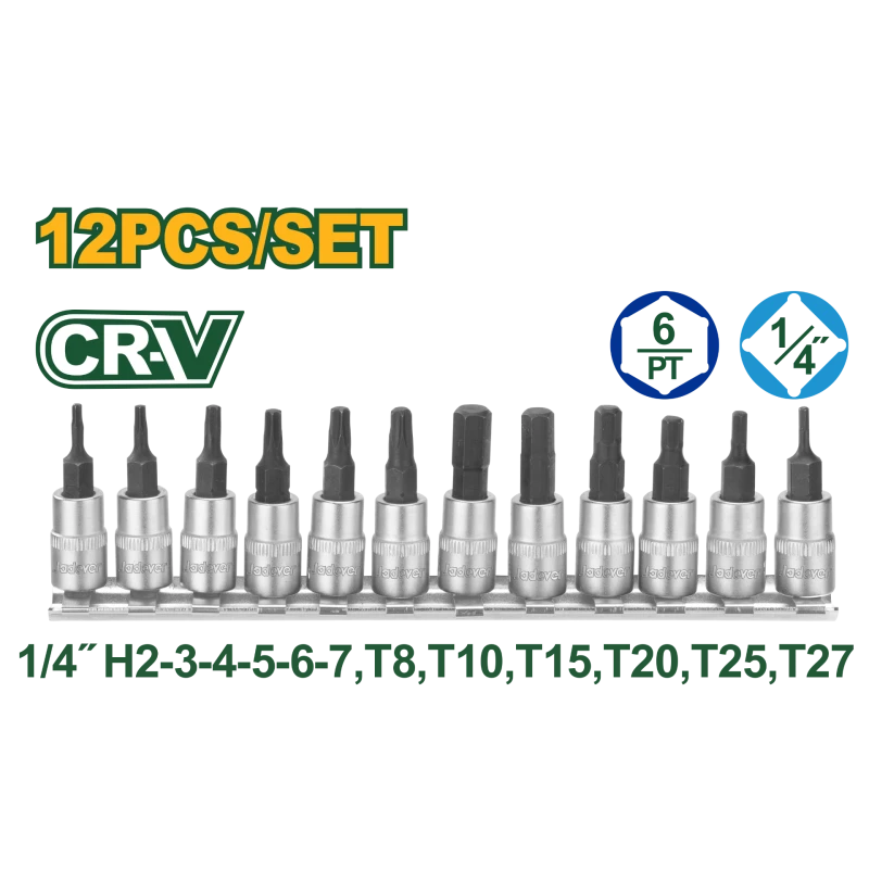 JADEVER 12-Piece 1/4" Bit Socket Set JDST2414, Hex & Torx Bits | Cr-V & 50BV30 Steel, Heat Treated with Chrome Finish - Jadever