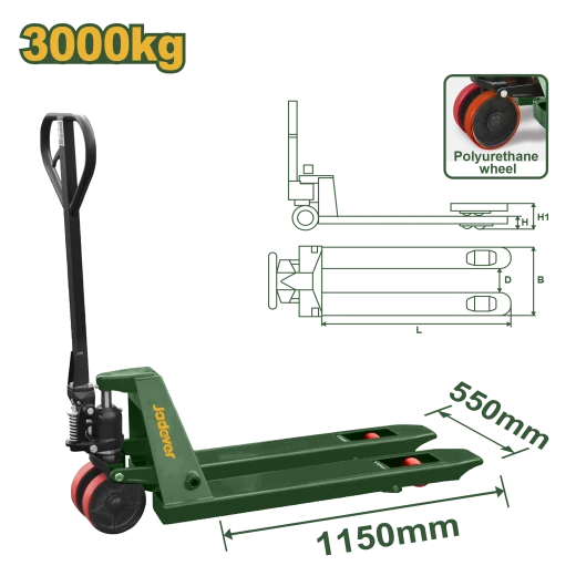 جك طبالي سعة 3000 كغم، شوك 550×1150 ملم، عجلات بولي يوريثان من جادفر (JDNH1R30)
